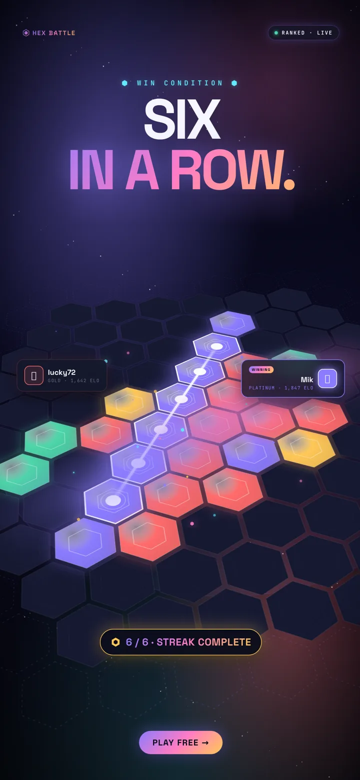 Hex Battle — a winning six-in-a-row chain lighting up across the hex board