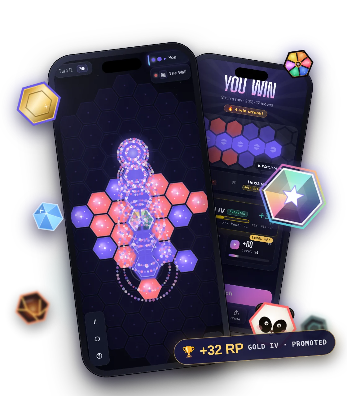 Hex Battle on iPhone — a six-in-a-row win through the wild star, the results screen with +32 rank points, and collectible hex skins
