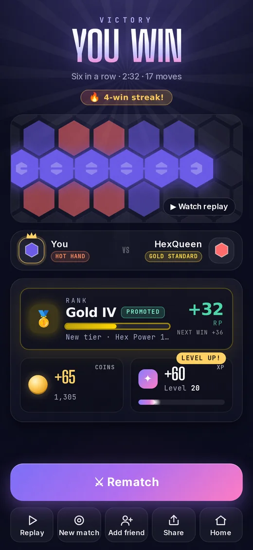 Every win pays — rank points, coins, XP and level progress on one screen
